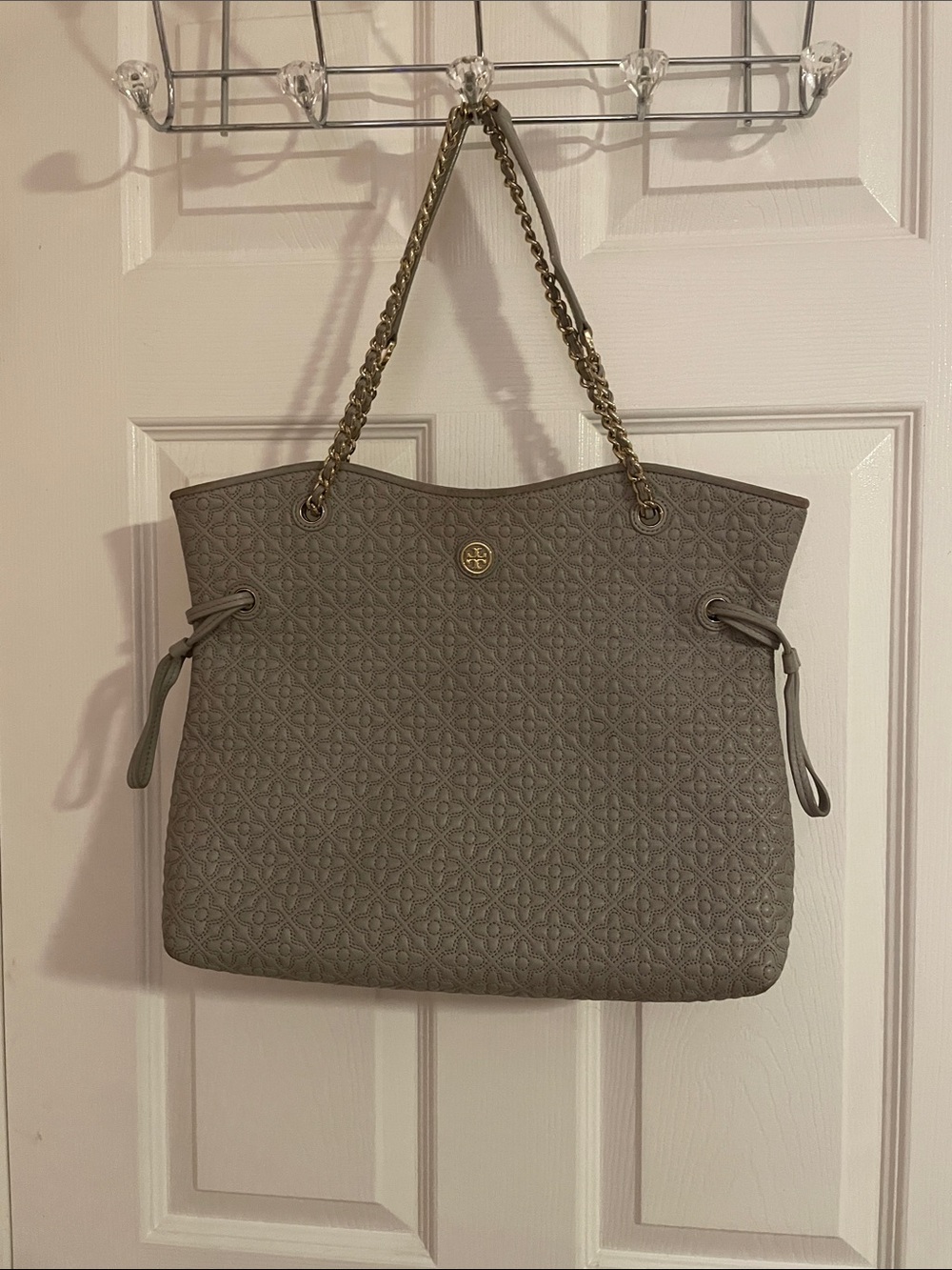 Tory Burch Quilted Gray Tote with Gold Chain Handles